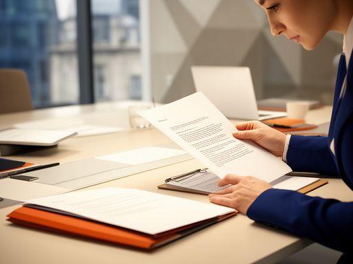 Solicitor reviewing a contract draft at a modern desk in a London office